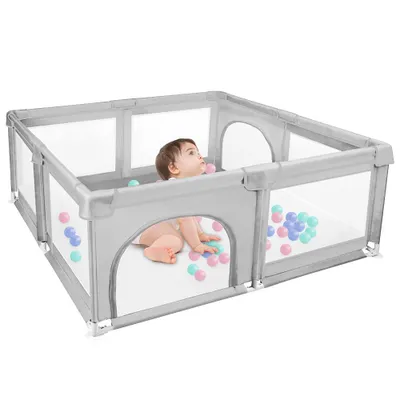 Image de Parc pour bébé avec 50 boules 120x120x66cm centre d'activité avec filet respirant base antidérapante gris clair