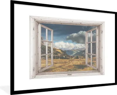 Produktbild von MuchoWow® Gerahmtes Poster Aussicht - Berg - Gras 90x60 cm - Poster mit Schwarzem Bilderrahmen Wandposter Rahmen Foto Bilder - Wanddekoration - Fotos