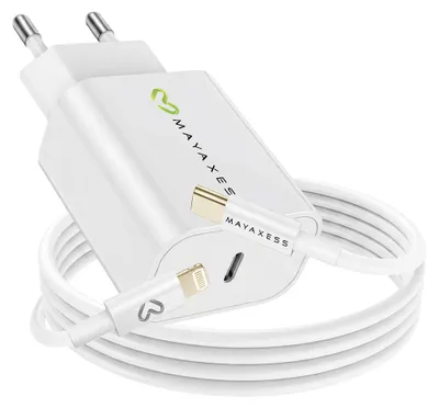 Immagine prodotto di Mayaxess, alimentatore da 18 W per iPhone SE 2022 + cavo Lightning da 1 m, bianco