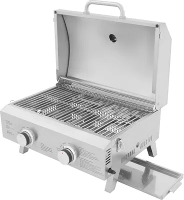 Produktbild von Gasgrill aus Edelstahl - Tischgrill - 2 Brenner - Piezozündung - Nur Flüssiggas (LPG) - Tragbar für Camping - Gebürstet 430/304 - Hellgrau