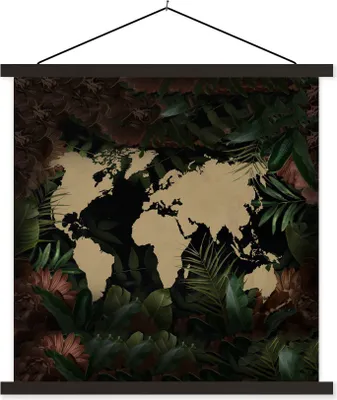 Produktbild von MuchoWow® Textilposter Weltkarte - Blumen - Pflanzen 90x90 cm mit schwarzem Rahmen - Magnetisches