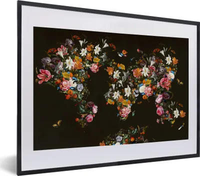 Produktbild von MuchoWow® Gerahmtes Poster Weltkarte - Blumen - Schmetterling - Schwarz 40x30 cm - Poster mit Schwarzem Bilderrahmen Wandposter Rahmen Foto Bilder - Bilderrahmen - Poster im Rahmen
