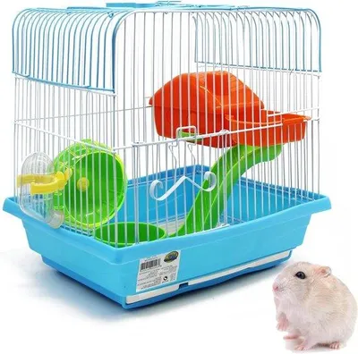 Zdjęcie produktu dla Klatka dla chomika z karmidełkiem, poidełkiem, kółkiem i specjalnym domkiem - Losowy kolor - 30 x 23 x 31 cm