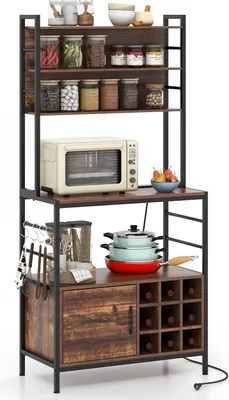 A kitchen baker's rack filled with various kitchen items.