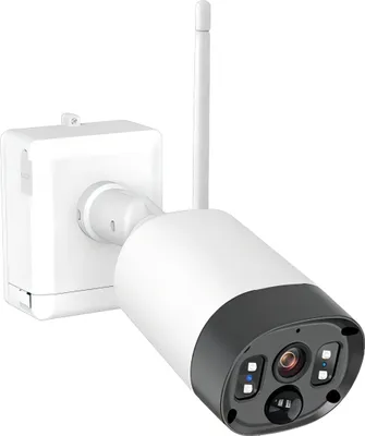 A white and black security camera with an antenna, mounted on a white bracket.