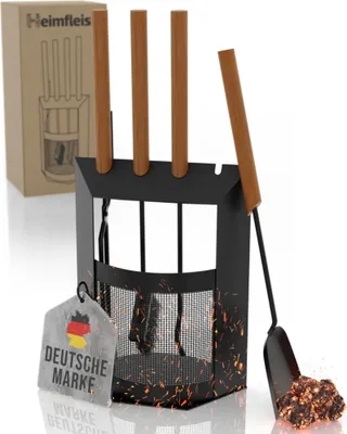 Produktbild von Heimfleiss Kaminbesteck Modern – Schwarz mit Holzgriffen, 5-teiliges Ofenbesteck
