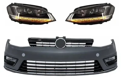 Productafbeelding van Stootbalk voor VW Golf 7 13-17 R-Line look, met LED-dagrijverlichting en dynamische richtingaanwijzers.