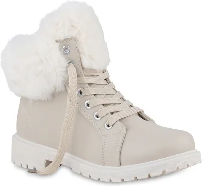 Produktbild von VAN HILL Damen Warm Gefütterte Worker Boots Stiefeletten Kunstfell Schuhe 840850, Farbe: Beige, Größe: 38