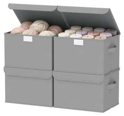 Obrázok produktu pre Úložné boxy s vekom, skladacie, 4 kusy, sivé, 26 x 20 x 17 cm