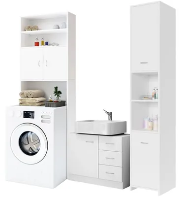 Produktbild von CASARIA® Badmöbel Set 3-tlg Waschbeckenunterschrank mit 3 Schubladen Badezimmerhochschrank Waschmaschinenschrank Badezimmer Stehend Holz Weiß Matt