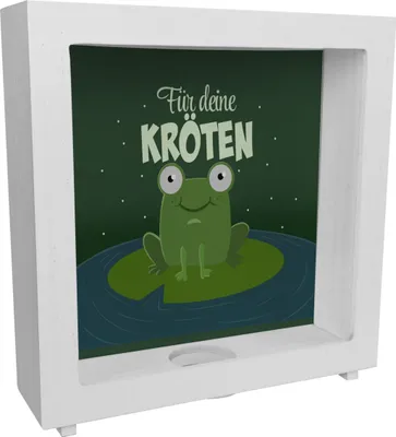 Produktbild von Rahmen Spardose aus Holz für Kinder mit niedlichem Frosch und Spruch - Für