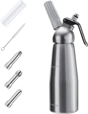 Produktbild von Navaris Sahnespender 500 ml mit 3 Edelstahl Tüllen - für heiße und kalte Cremes Schlagsahne Soßen - 0,5l Sahnebereiter Sahne Spender aus Aluminium