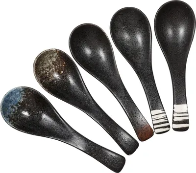 Produktbild von 5-teiliges Keramisches Suppenlöffel Set - Japanische und Chinesische Suppenlöffel - Retro Porzellan Reislöffel