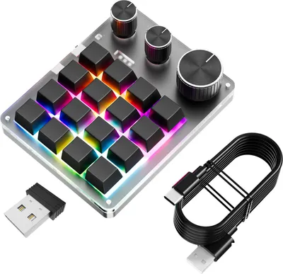 Produktbild von Anpassbare Programmiertastatur USB Wired + BT + 2.4G Gaming Keypad mit 16 Tasten 3 Knöpfe Schwarz