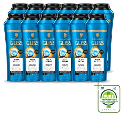 Image de 12 flacons de shampooing Gliss Aqua Revive, pour les cheveux hydratés, 250 ml, lot de 12