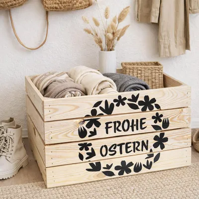 Produktbild von Holzkiste mit Ostermotiv  Frohe Ostern (Osterkranz) 50 x 40 x 30 cm  Osterkiste Osterdeko Weinkiste Obstkiste  Natur Neu Osterkiste (Osterkranz)