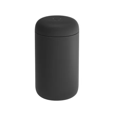 A black insulated mug is shown against a white background.
