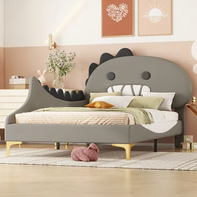 Produktbild von Fortuna Lai Polsterbett, Kinderbett 90x200cm mit Cartoon Dinosaurier Form Kopfteil Kunstleder, Grau