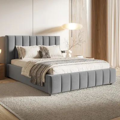 Produktbild von MOTIVENA Vigo Polsterbett 200x200 mit Bettkasten, Metall Lattenrost, Bett 200x200 Grau Samt (Jasmine 90)