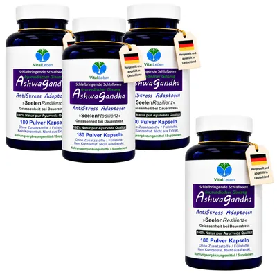 Produktbild von Ashwagandha 720 (4x180) Pulver Kapseln Ayurvedischer Ginseng Natur Pur Ohne Zusatzstoffe