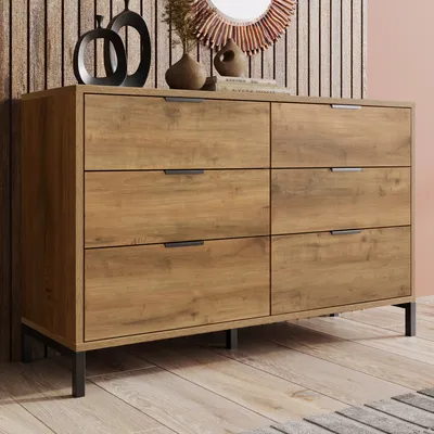 Image de Commode Sweiko, Buffet avec 6 tiroirs, 120 x 40 x 76 cm en chêne foncé, Buffet haut pour chambre à coucher & toutes les pièces de la maison