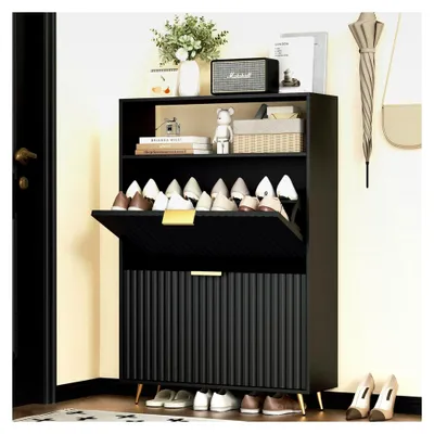Produktbild von Schuhschrank Schwarz, 75 x 24 x 116 cm, Schuhkipper mit 2 Klappen, Schuhregal Schmal mit Metallfüßen
