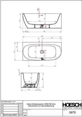 Produktbild von Hoesch Eck-Badewanne iSENSI 160x75cm, li, 1- Üb.- + Abl, weiß, weiß