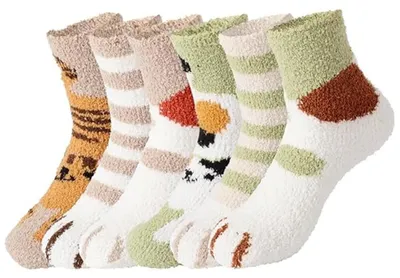Produktbild von 6 Paar Kuschelsocken Damen – Katzenpfoten Socken – Warme Wintersocken – Flauschige Haussocken – Schlafsocken – Plüschsocken – Einheitsgröße