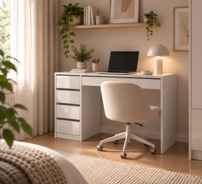 Produktbild von Schreibtisch, Schreibtisch mit Hochglanzoberfläche, modernes Design, Kinderzimmer, Jugendzimmer, ideal für Büro, Schreibtisch mit Schubladen - Aga