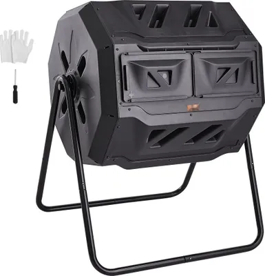 Zdjęcie produktu dla Kompostownik - Kompostownik bębnowy 162,7 l, Obrotowy dwukomorowy kompostownik bębnowy 735 x 625 x 955 mm, Wytrzymały ogrodowy pojemnik na kompost z rękawicami - 50 kg.