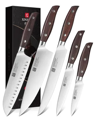Image de Ensemble de couteaux de cuisine, 5 pièces, , en acier inoxydable 1.4116. Comprend un couteau de chef, un couteau Santoku, un couteau à pain, un couteau à fruits, avec manche en bois de rose rouge