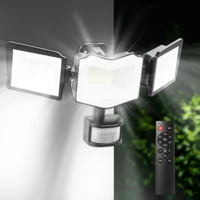 Zdjęcie produktu dla Reflektor LED o mocy 100 W z czujnikiem ruchu, czujnikiem zmierzchu i pilotem – możliwość regulacji jasności | chłodna biel 6500 K, 10000 lm, wodoszczelność IP65, idealny do