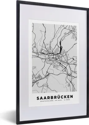 Produktbild von MuchoWow® Gerahmtes Poster Stadtplan - Karte - Deutschland - Saarbrücken 40x60 cm - Poster mit Schwarzem Bilderrahmen Wandposter Rahmen Foto Bilder - Poster in Rahmen