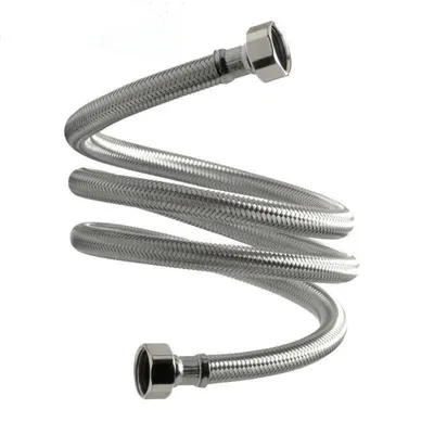 A coiled flexible metal hose with connectors on both ends, isolated on a white background.