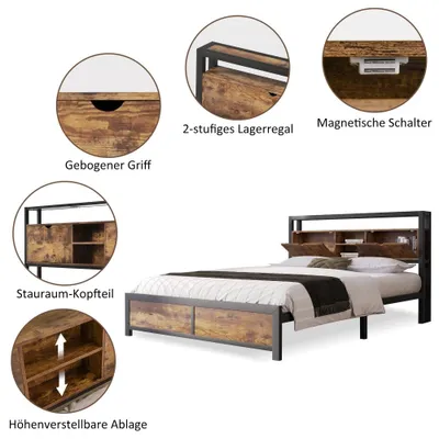 Image de Cadre de lit - Lit double - 140 x 200 cm - Métal et bois - Tête de lit avec espace de rangement - Sommier à lattes - Couleurs naturelles