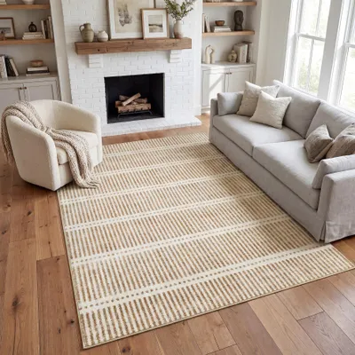 Produktbild von Tribesigns Waschbarer Kurzflor Teppich 160x230 cm, ultradünn, mit Streifen-Design, Landhausstil, rutschfest, Wohnzimmer, Chenille, , Beige