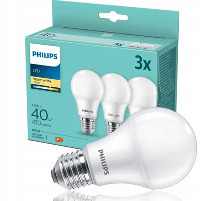 Zdjęcie produktu dla Philips Żarówka bańkowa 40 W A60 E27 x3, 4,9 W, 40 W, E27, 470 lm, 15000 h, Ciepłe białe