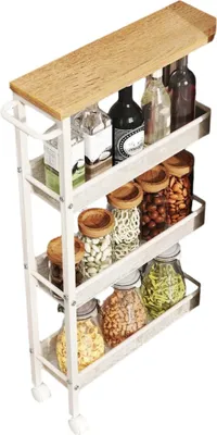 Productafbeelding van Keukenrolhouder met 4 niveaus en een open vakje - smal - bruin/wit - 13 x 45,4 x 77 cm