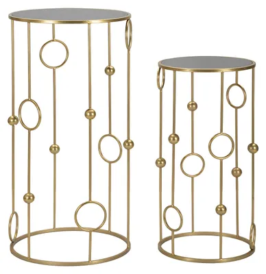 Immagine prodotto di Coppia Tavolini CAGE Rotondi Ø 50x100 e 40x80 cm - Tavolini da Salotto in Metallo Dorato e Vetro a Specchio con Decorazioni - Stile Glam