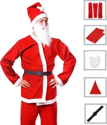 A man dressed as Santa Claus stands against a white background, with smaller images of the costume components arranged to the right.