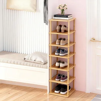 Immagine prodotto di Scaffale verticale per scarpe in bambù, 7 ripiani, dimensioni 28x26x115 cm, salvaspazio, autoportante