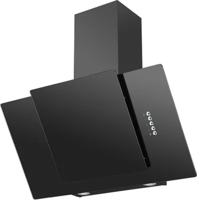 A black kitchen range hood is shown against a white background.