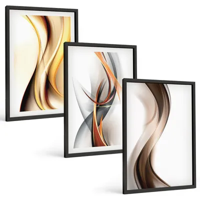 Produktbild von Bilder Set 3-teilig im schwarzen Rahmen – Wandbilder 3 Stück – gerahmte Poster für Wohnzimmer, Schlafzimmer und Flur – 40x60 cm – Gelbgrau-braune Wellen