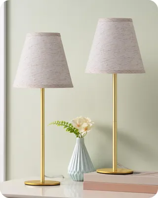 Produktbild von EDISHINE LED Nachttischlampen 2er-Set, Leinenschirm, 2700K Warmweiß, Gold Moderne Tischlampe aus Metall, E27 Fassung, inkl. 4W LED Leuchtmittel