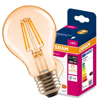 Produktbild von LED-Lampe E27, A60, 4,2W = 33W, 380lm, 2400K (warmweiß), 300° Filament, VALUE, Osram, KI-generiertes Bild