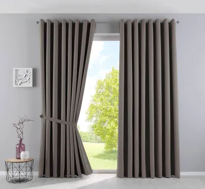 A pair of taupe curtains are shown tied back, revealing a view of a green lawn and trees through a window.