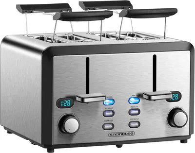 A four-slice toaster with a brushed stainless steel finish and black accents, set against a white background.