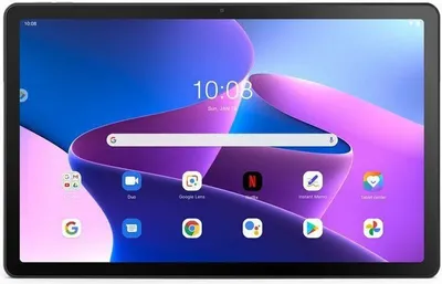 A tablet displaying a colorful wallpaper and app icons.