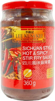 A jar of Lee Kum Kee Sichuan Style Hot & Spicy Stir Fry Sauce.