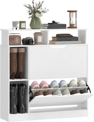 Produktbild von Schuhschrank Schmal 2 Klappen 12 Paar Schuhe verstellbar 89 x 25 x 92 cm Weiß